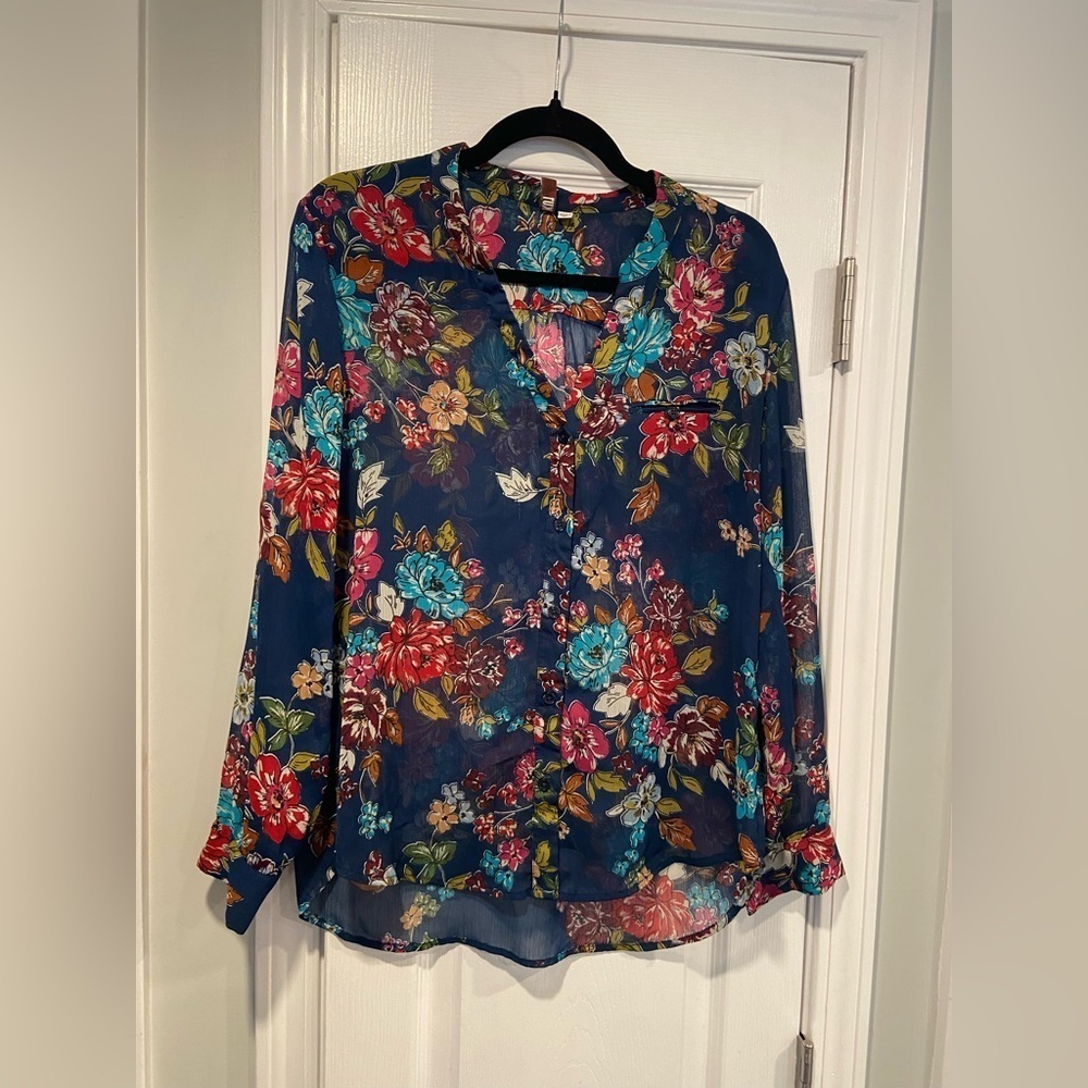 Kut From The Kloth Size MP Navy Blue Floral Sheer Long Sleeve Button Down Top